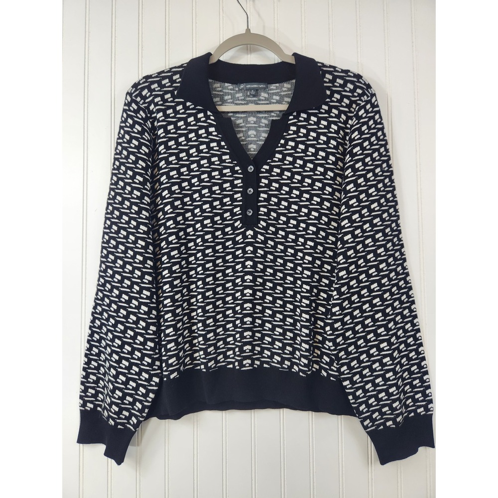 Adrianna Papell Black White Geometric Knit Polo Sweater XL Long Sleeve Preppy